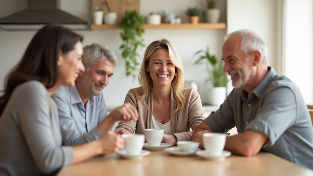 Aile üyeleri birlikte mutfakta oturup çay içerken, rahat ve gülümseyen ifadelerle